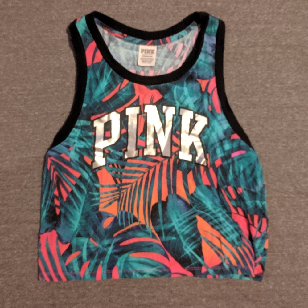 VS Pink tropical leave patterned ringer tank top